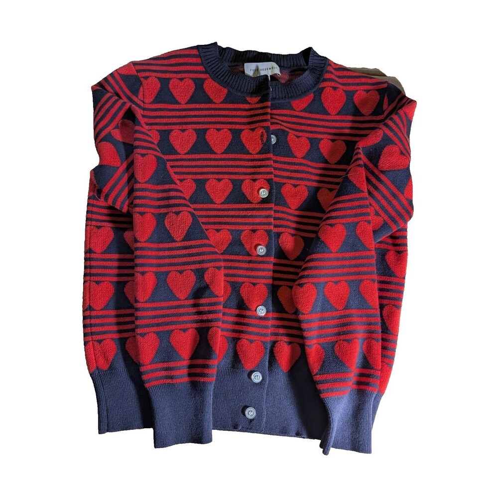 Free Assembly Women's Striped Heart Button Front Crew Neck Cardigan XS Navy Red